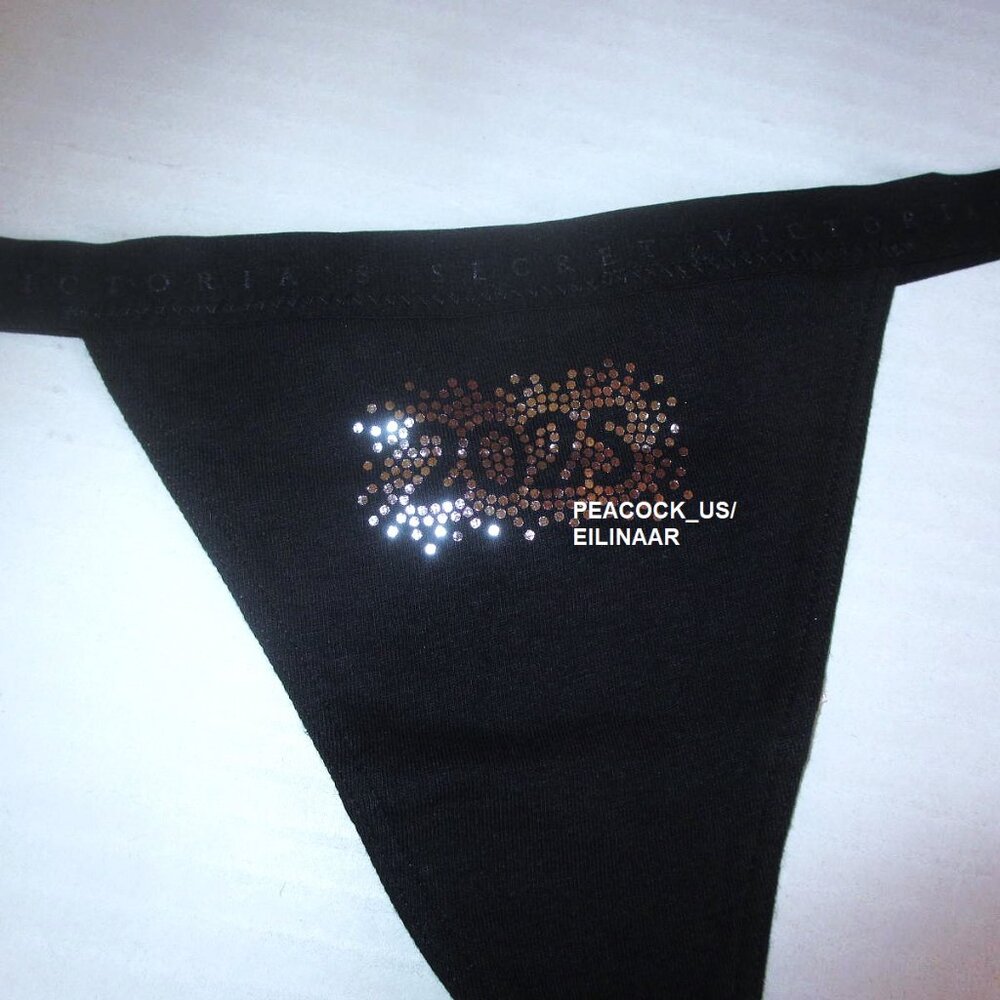 VICTORIA'S SECRET Cotton V-String Thong Panty S M L XL Glitter Graphic Black New